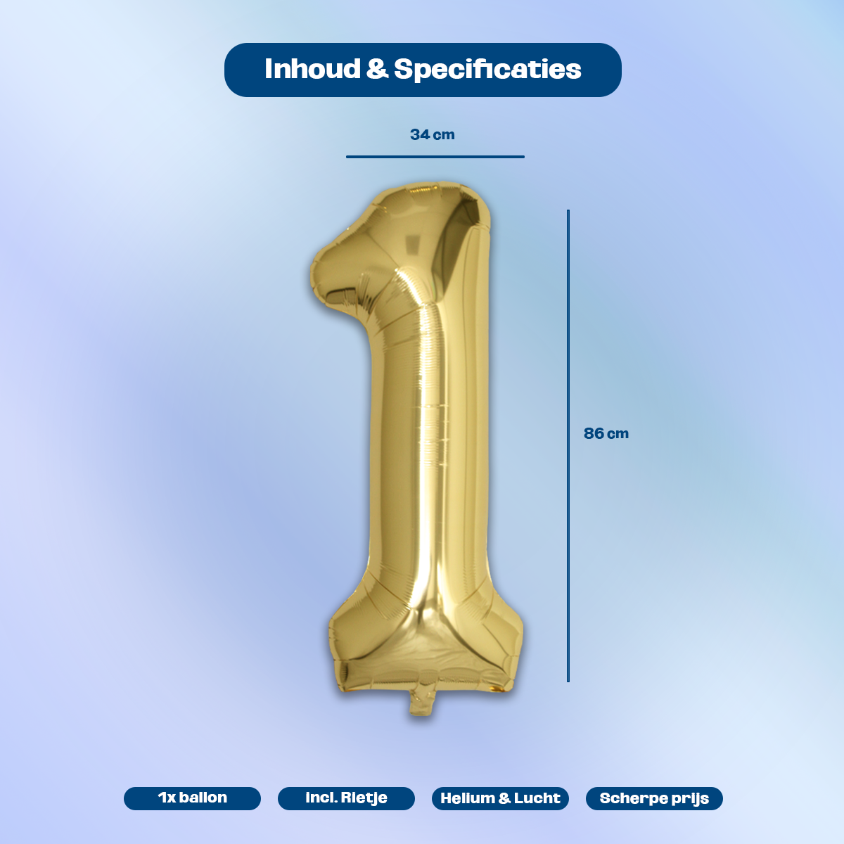 BTH Folie Ballon Cijfer 1 Jaar Goud 86Cm Verjaardag Ballon Met Rietje