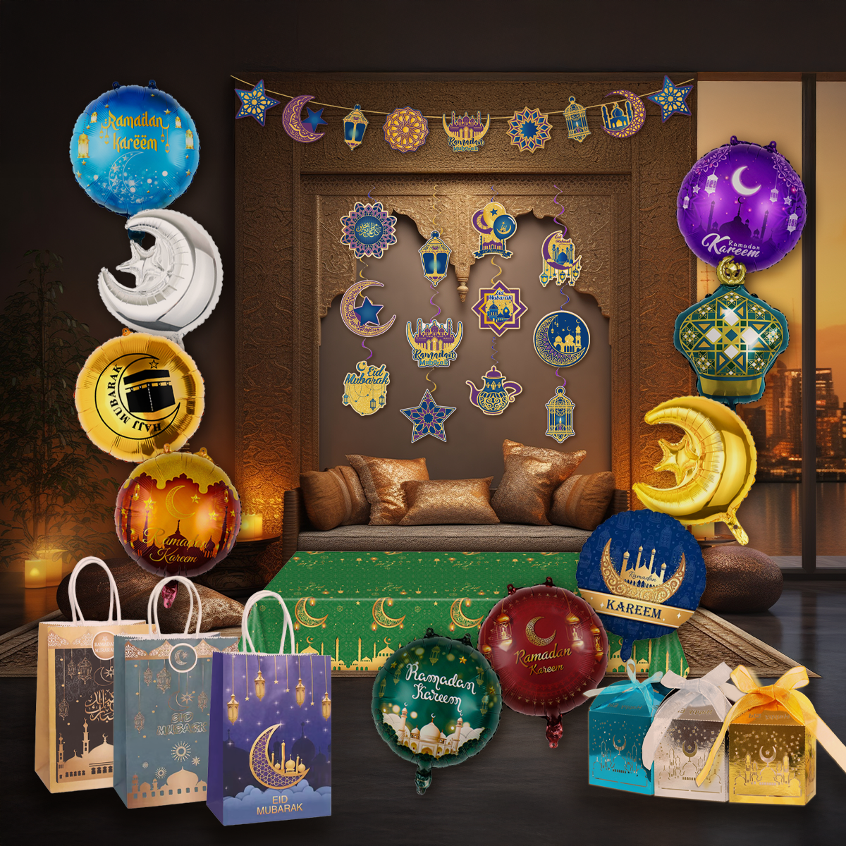 Q2P Eid Mubarak tafelkleed Goud Groen