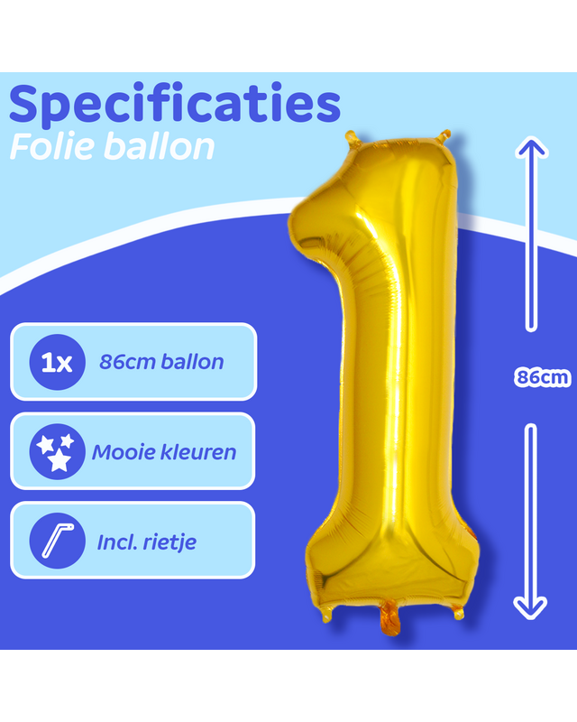 BTH Folie Ballon Cijfer 1 Jaar Goud 86Cm Verjaardag Ballon Met Rietje