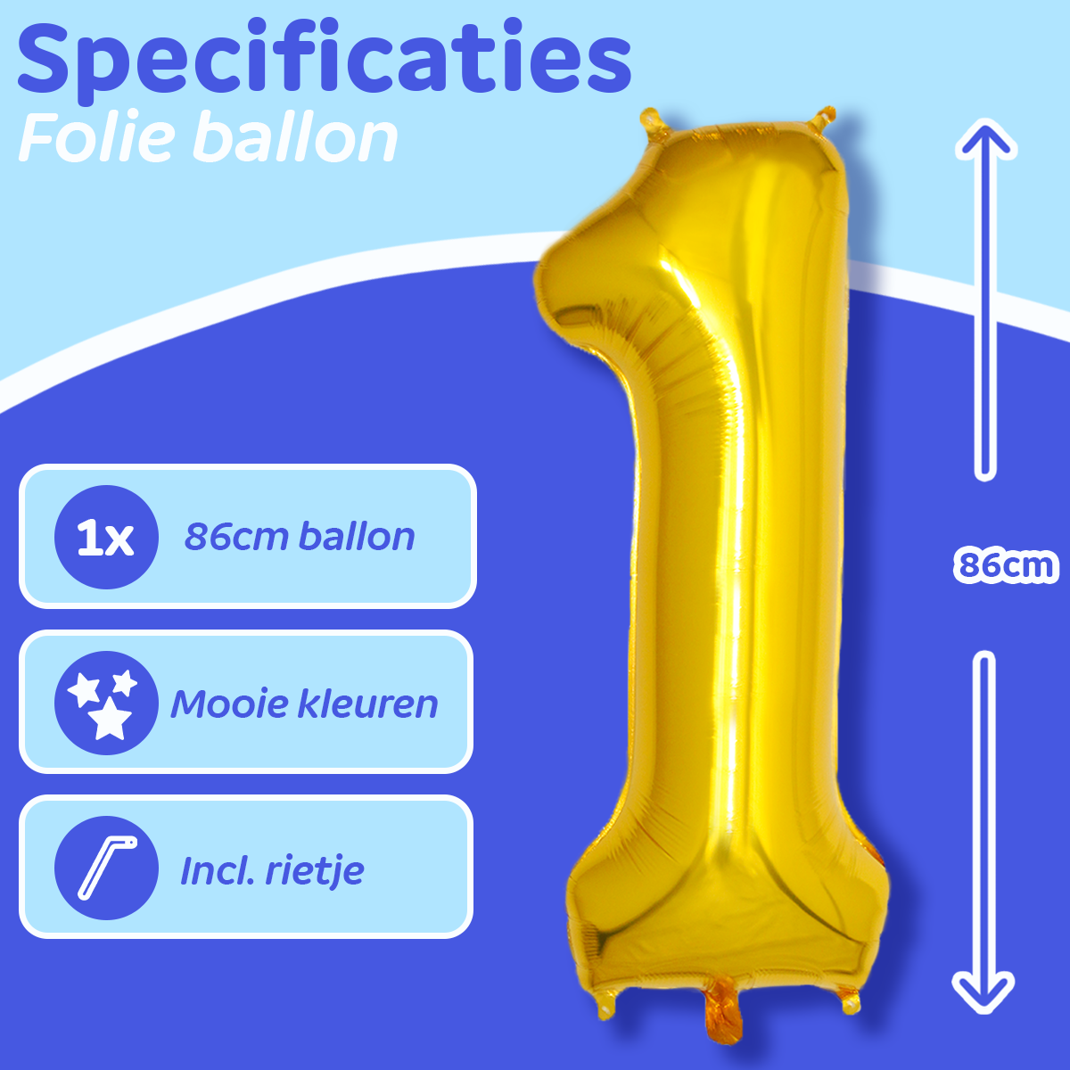 BTH Folie Ballon Cijfer 1 Jaar Goud 86Cm Verjaardag Ballon Met Rietje