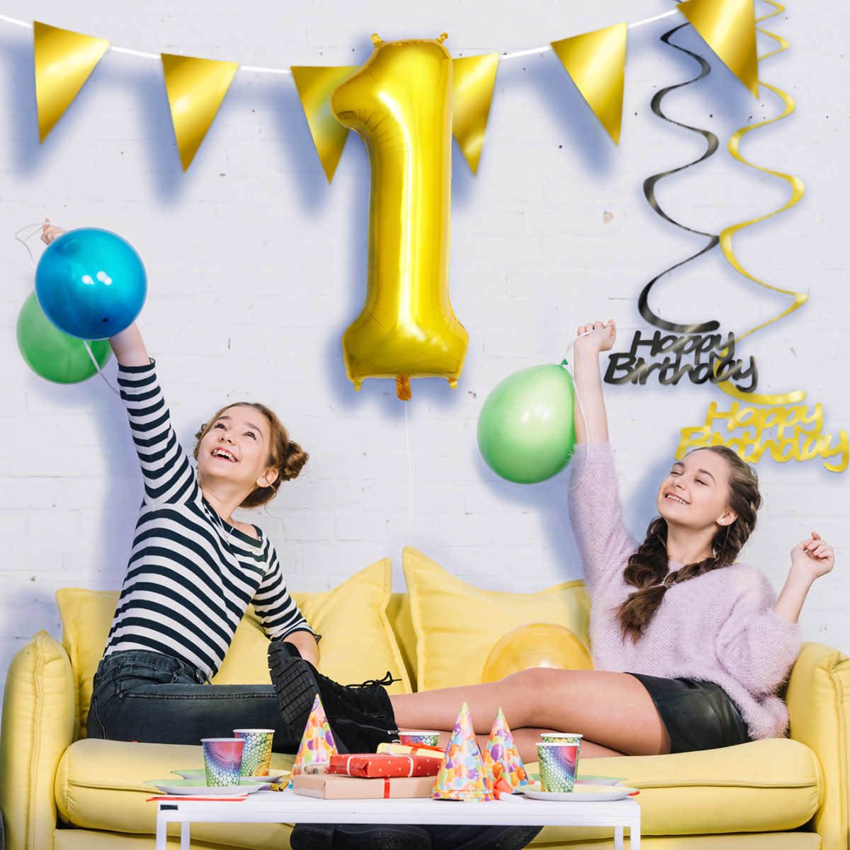 BTH Folie Ballon Cijfer 1 Jaar Goud 86Cm Verjaardag Ballon Met Rietje