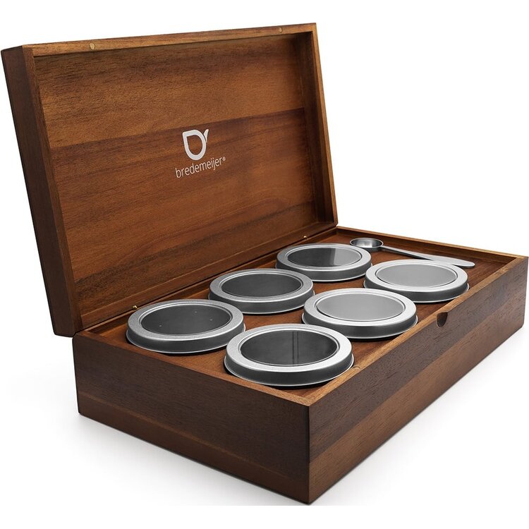 Bredemeijer Bredemeijer Theedoos met 6 ronde blikjes, acaciahout, inclusief theemaatlepel