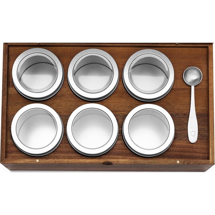 Bredemeijer Bredemeijer Theedoos met 6 ronde blikjes, acaciahout, inclusief theemaatlepel