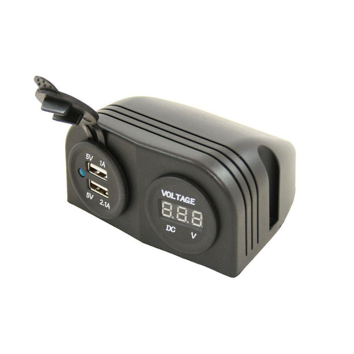 FjordOutdoor Power Line Voltmeter + 2x USB Lader Opbouw Zwart