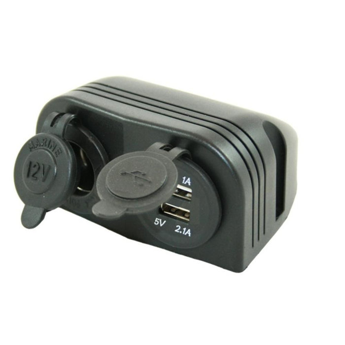 FjordOutdoor Power Line Contactdoos 12V + 2x USB Lader Opbouw Zwart