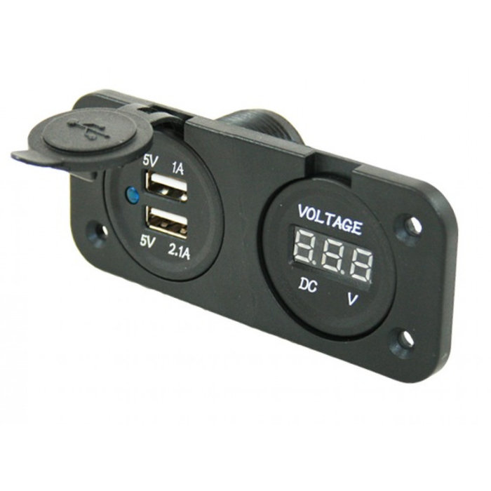 Fjord Outdoor Power Line Voltmeter + 2x USB Lader Inbouw Zwart