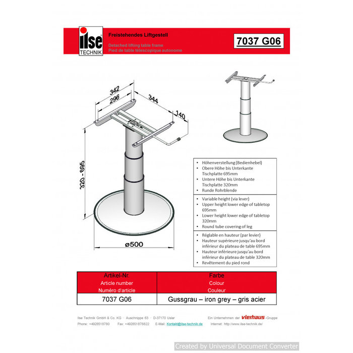 Ilse Ilse Vrijstaande Lifttafelpoot 7037 G06 32/69.5cm