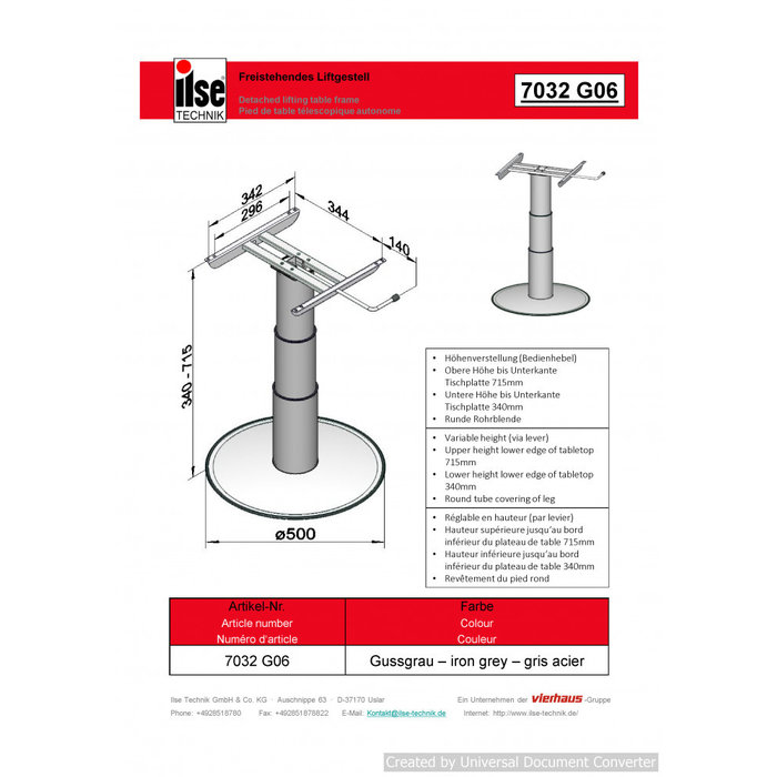 Ilse Ilse Vrijstaande Lifttafelpoot 7032 G06 34/71.5cm
