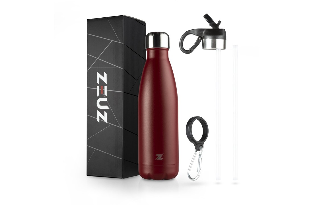 ZEUZ® Premium RVS Thermosfles & Drinkfles– Waterfles met Rietje - BPA Vrij – 500 ml - Mat Rood