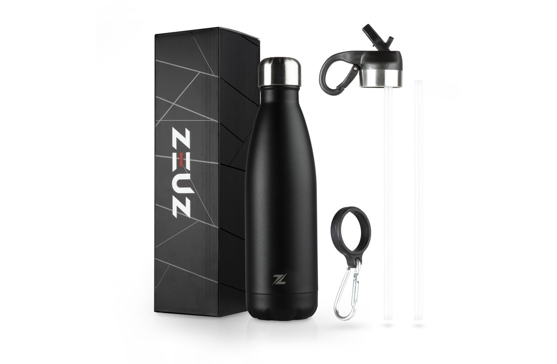 ZEUZ® Premium RVS Thermosfles & Drinkfles– Waterfles met Rietje - BPA Vrij – 500 ml - Mat Zwart