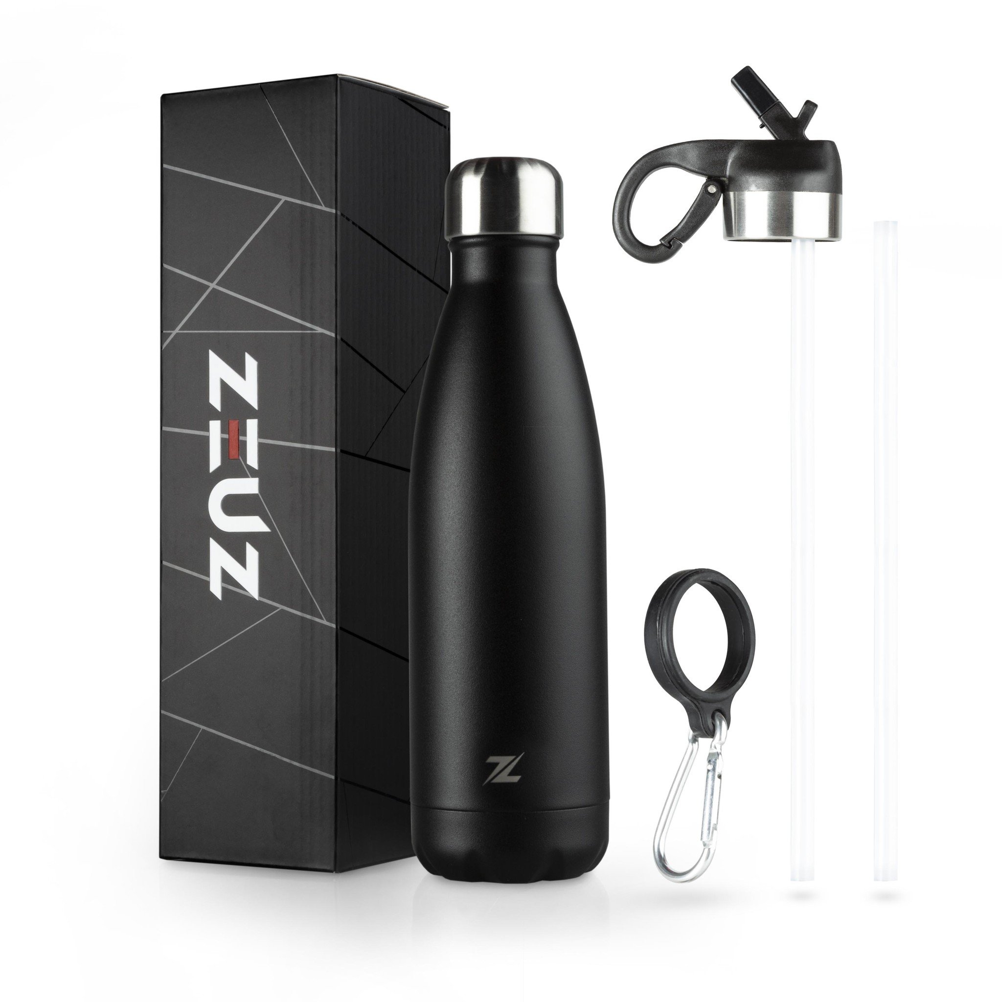 Plakken uitrusting overschot ZEUZ® Premium RVS Thermosfles & Drinkfles– Waterfles met Rietje - BPA Vrij  – 500 ml - Mat Zwart - ZEUZ