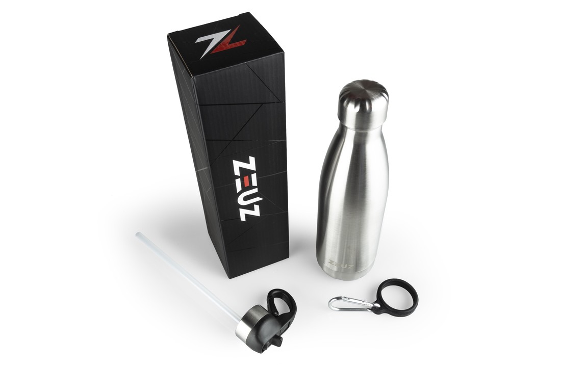ZEUZ® Premium RVS Thermosfles & Drinkfles– Waterfles met Rietje - BPA Vrij – 500 ml - Mat Zilver