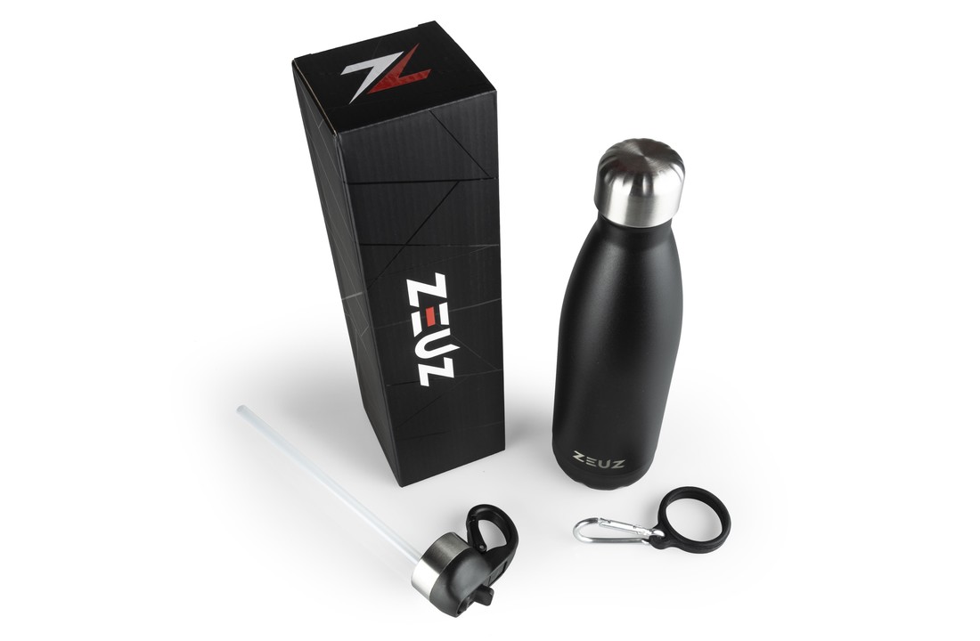 ZEUZ® Premium RVS Thermosfles & Drinkfles– Waterfles met Rietje - BPA Vrij – 500 ml - Mat Zwart