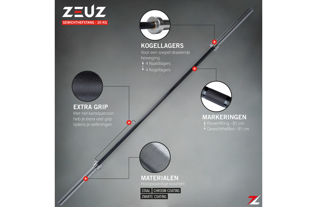 ZEUZ Olympische Halterstang 20kg – 220cm Barbell Stang – Gewichten 50mm en Haltergrip 28mm