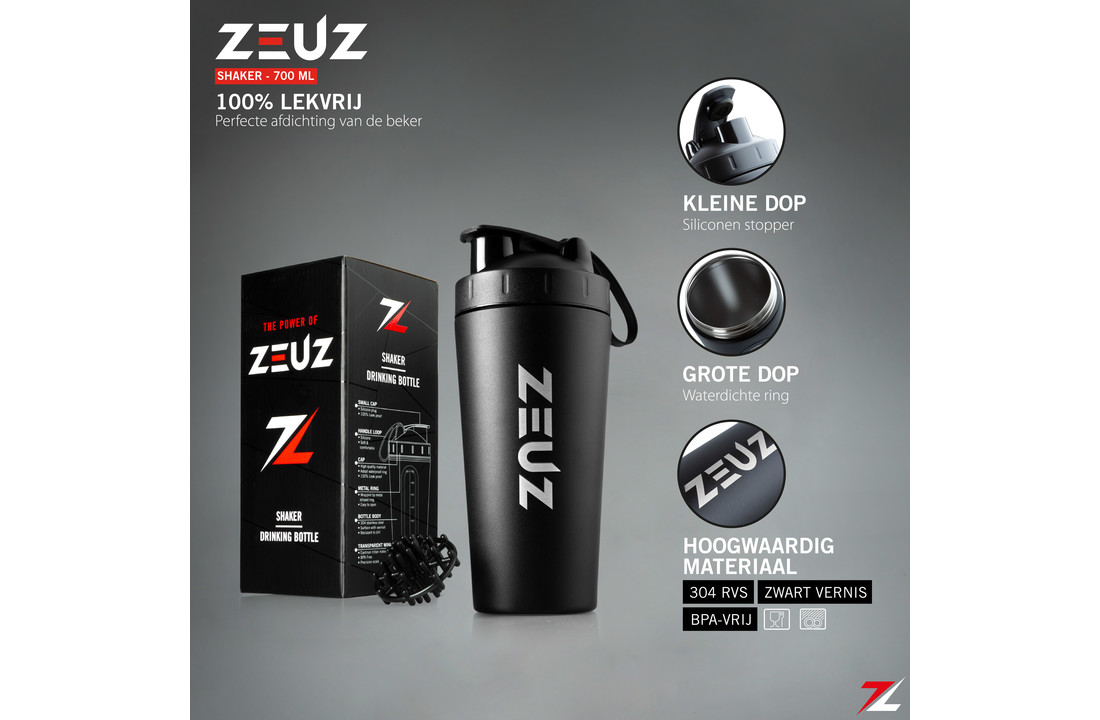 ZEUZ® Premium RVS Shakebeker – Proteïne Shaker – Shake Beker - BPA Vrij – 700 ml - Mat Zwart