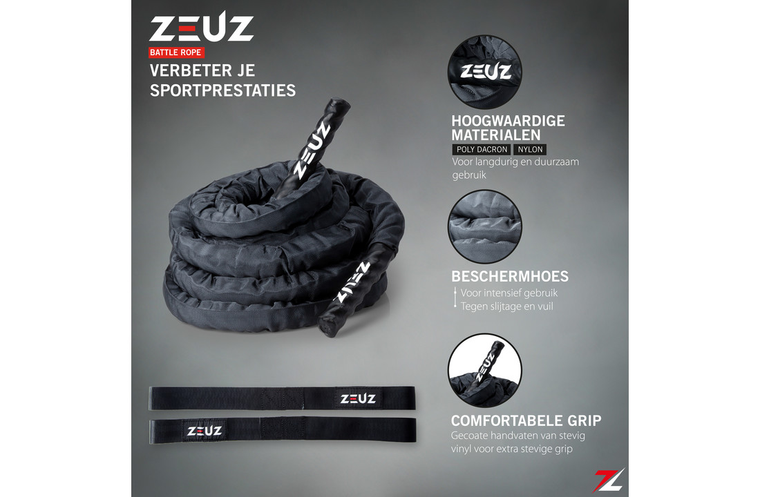 ZEUZ® Premium 9 Meter Battle Rope inclusief Nylon Sleeve & Bevestigingsmateriaal