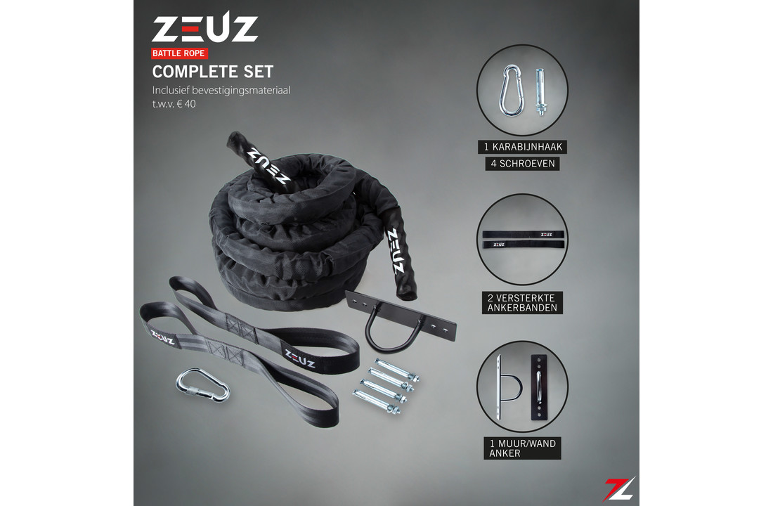 ZEUZ® Premium 9 Meter Battle Rope inclusief Nylon Sleeve & Bevestigingsmateriaal