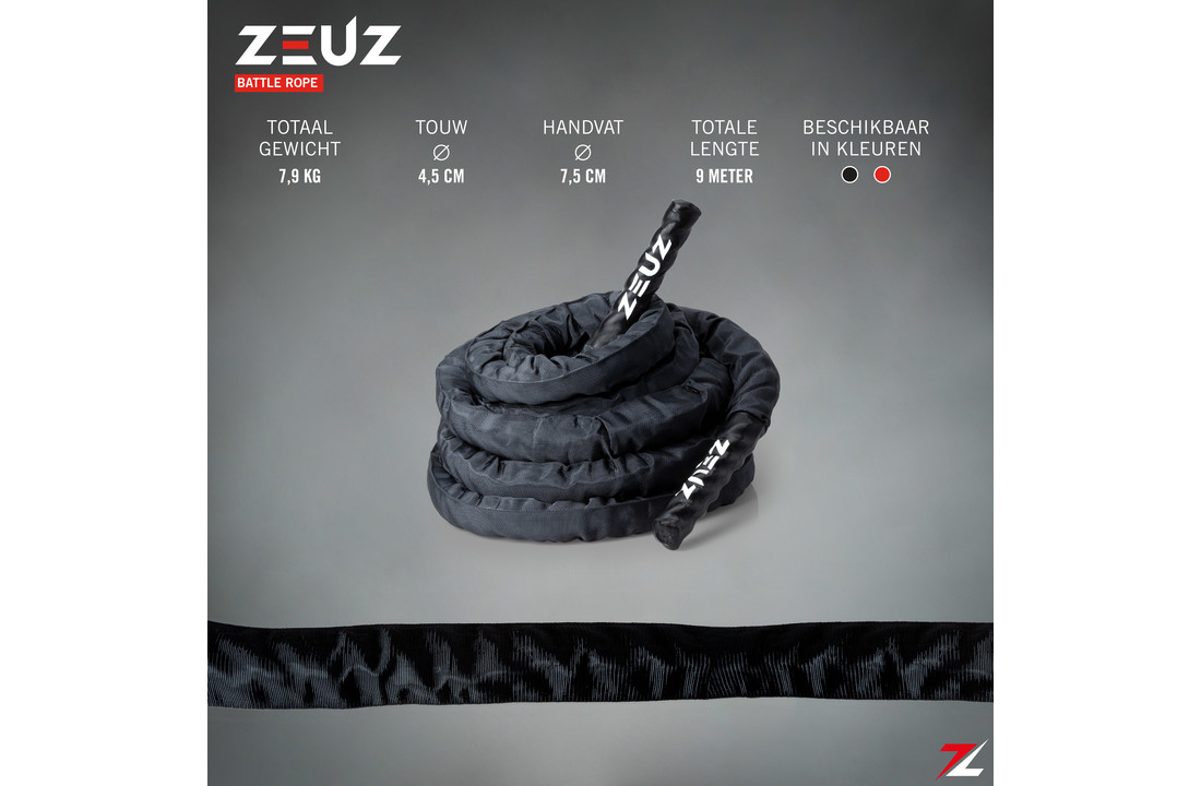 ZEUZ® Premium 9 Meter Battle Rope inclusief Nylon Sleeve & Bevestigingsmateriaal