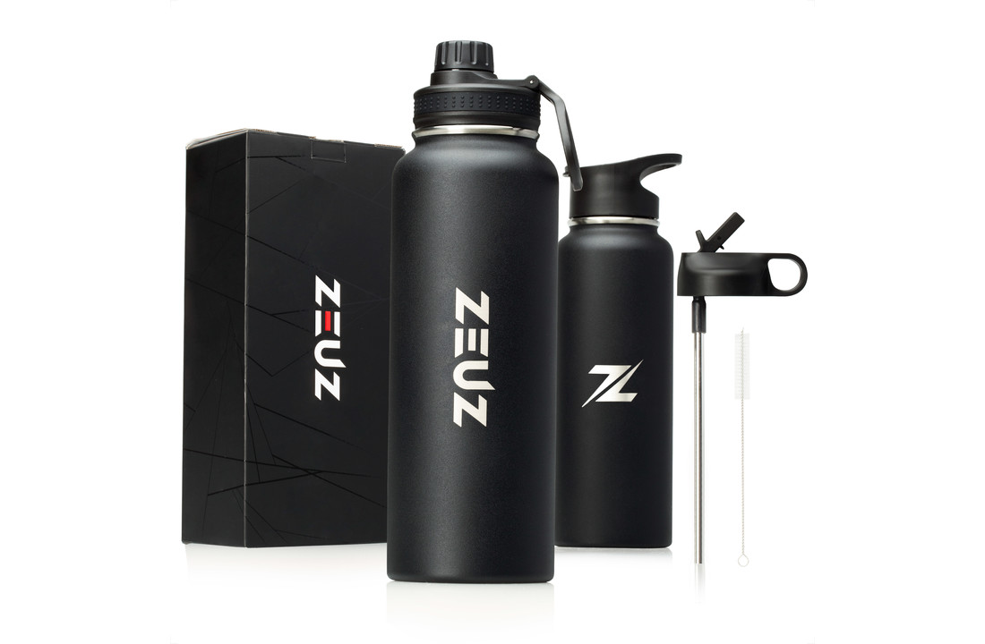 ZEUZ® Premium RVS Thermosfles & Drinkfles - 1200 ml/ 1, 2 Mat Zwart - ZEUZ