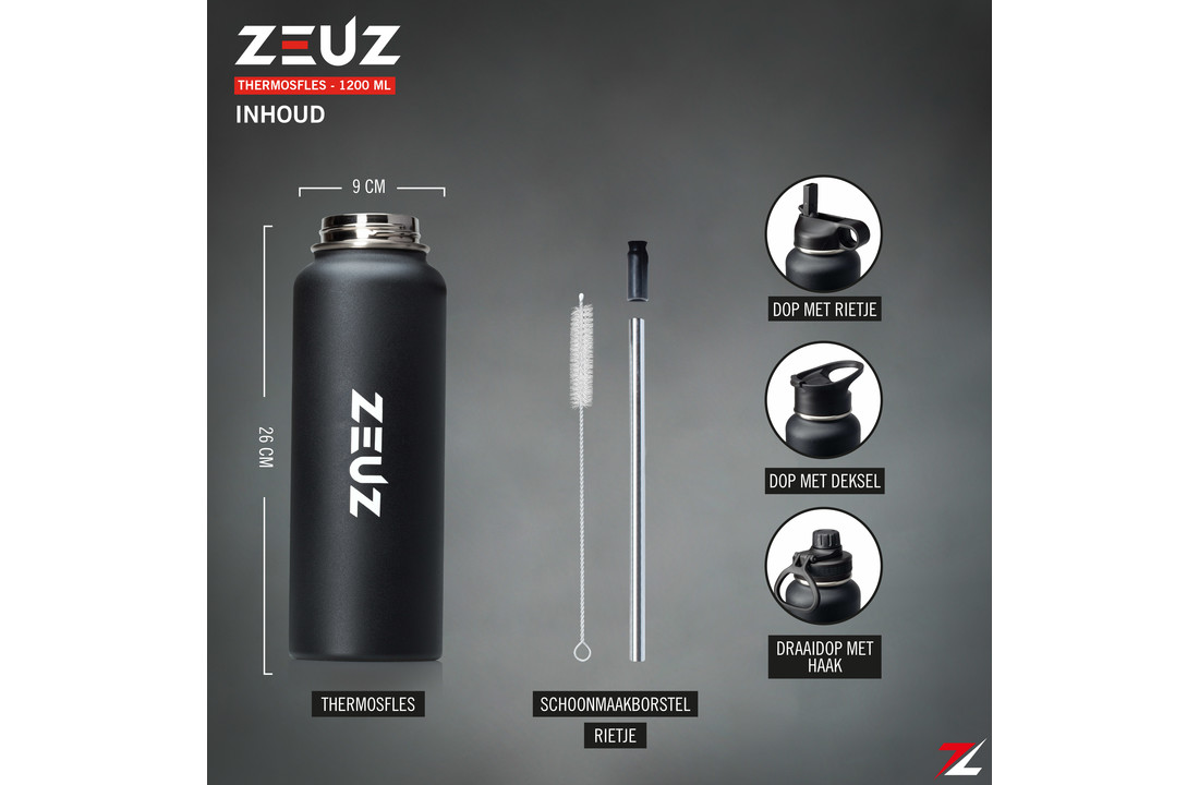 ZEUZ® Premium RVS Thermosfles & Drinkfles - 1200 ml/ 1, 2 Liter- Mat Zwart