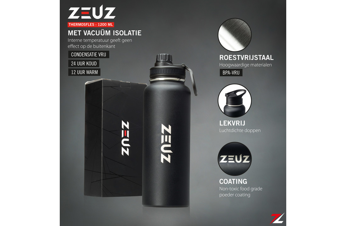 ZEUZ® Premium RVS Thermosfles & Drinkfles - 1200 ml/ 1, 2 Mat Zwart - ZEUZ
