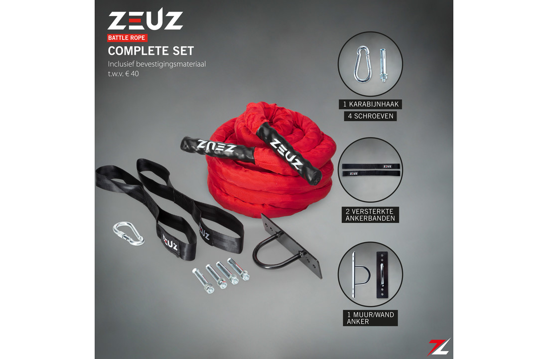 ZEUZ® 9 Meter Battle Rope inclusief Bevestigingsmateriaal