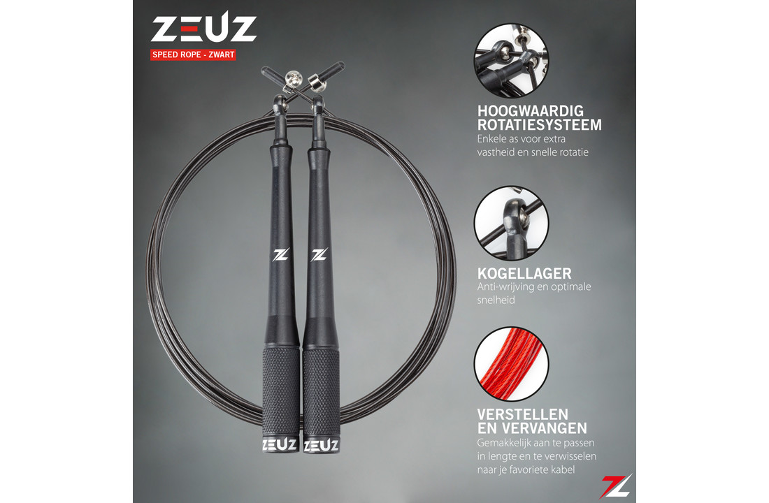 ZEUZ® Professioneel Crossfit & Fitness Springtouw – Verstelbaar – Speed Rope – Volwassenen – SR-2 - Zwart