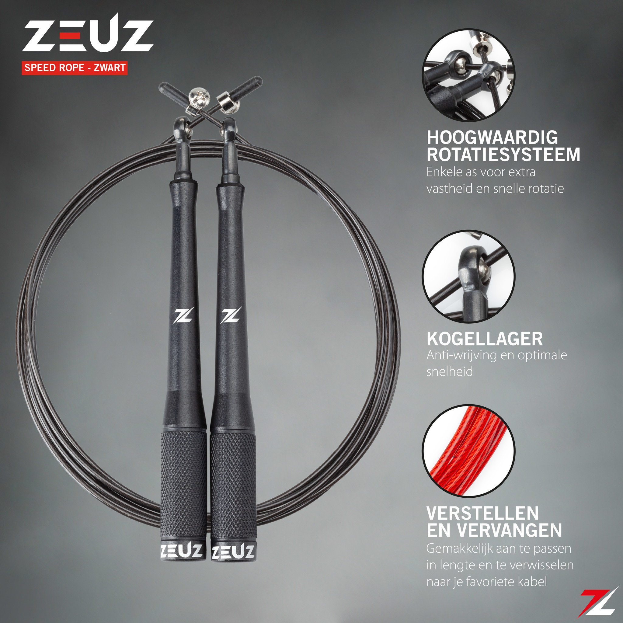 ZEUZ® Professioneel Crossfit & Fitness Springtouw Verstelbaar – Speed Rope – Volwassenen – SR-2 - Zwart - ZEUZ