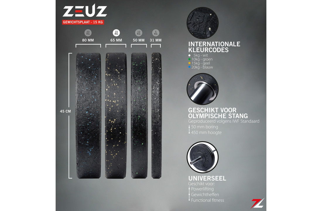 ZEUZ® 1 Stuk Halterschijf 15 KG – Gewichten Set – 15kg Bumper Plates – voor 50 mm Halter