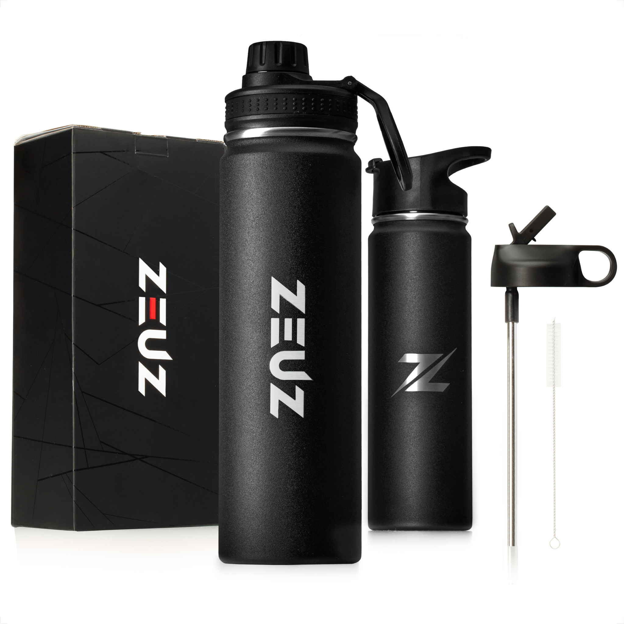 Beoefend Sluipmoordenaar wat betreft ZEUZ® Premium RVS Thermosfles & Drinkfles– Waterfles met Rietje - BPA Vrij  – 700 ml - Mat Zwart - ZEUZ
