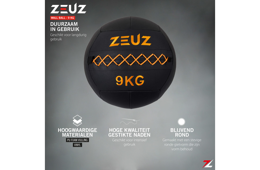ZEUZ® Premium Wall Ball 9kg - Geschikt voor Crossfit & Fitness – PU Foam Vulling & Vinyl – 35 CM Diamter - Oranje