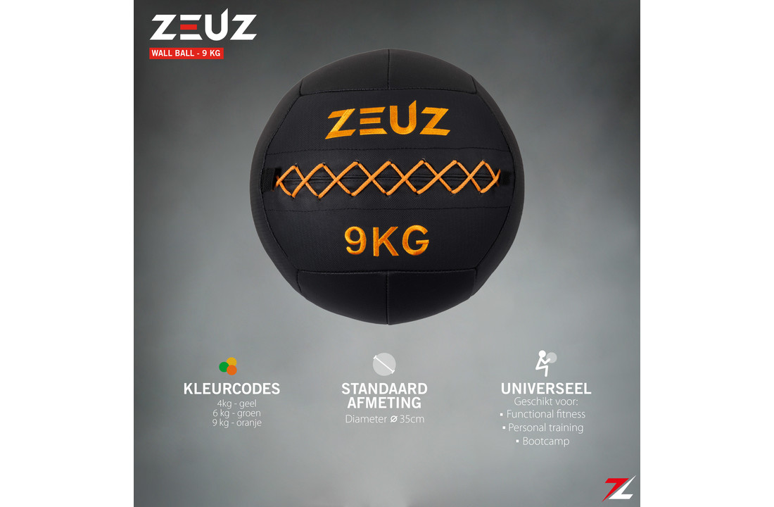 ZEUZ® Premium Wall Ball 9kg - Geschikt voor Crossfit & Fitness – PU Foam Vulling & Vinyl – 35 CM Diamter - Oranje
