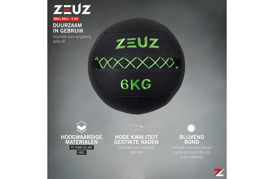 ZEUZ® Premium Wall Ball 6kg - Geschikt voor Crossfit & Fitness – PU Foam Vulling & Vinyl – 35 CM Diamter - Groen