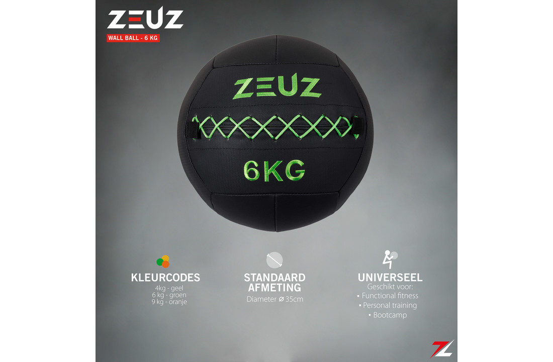 ZEUZ® Premium Wall Ball 6kg - Geschikt voor Crossfit & Fitness – PU Foam Vulling & Vinyl – 35 CM Diamter - Groen