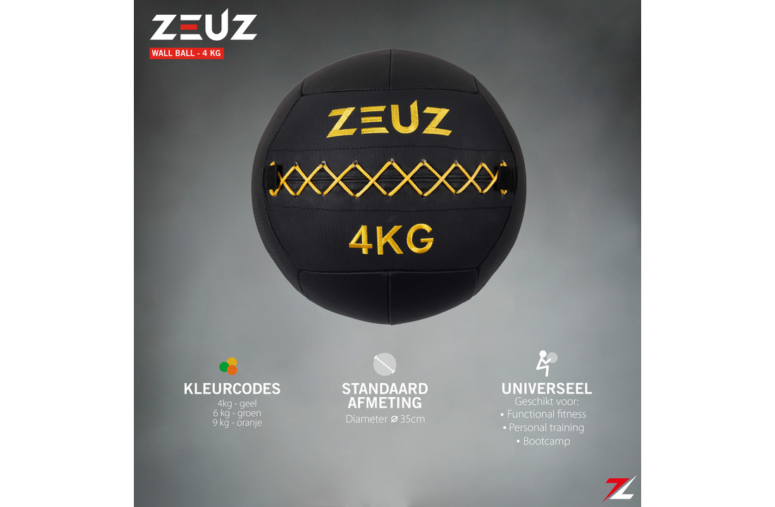 ZEUZ® Premium Wall Ball 4kg – Geschikt voor Crossfit & Fitness – PU Foam Vulling & Vinyl – 35 CM Diamter - Geel