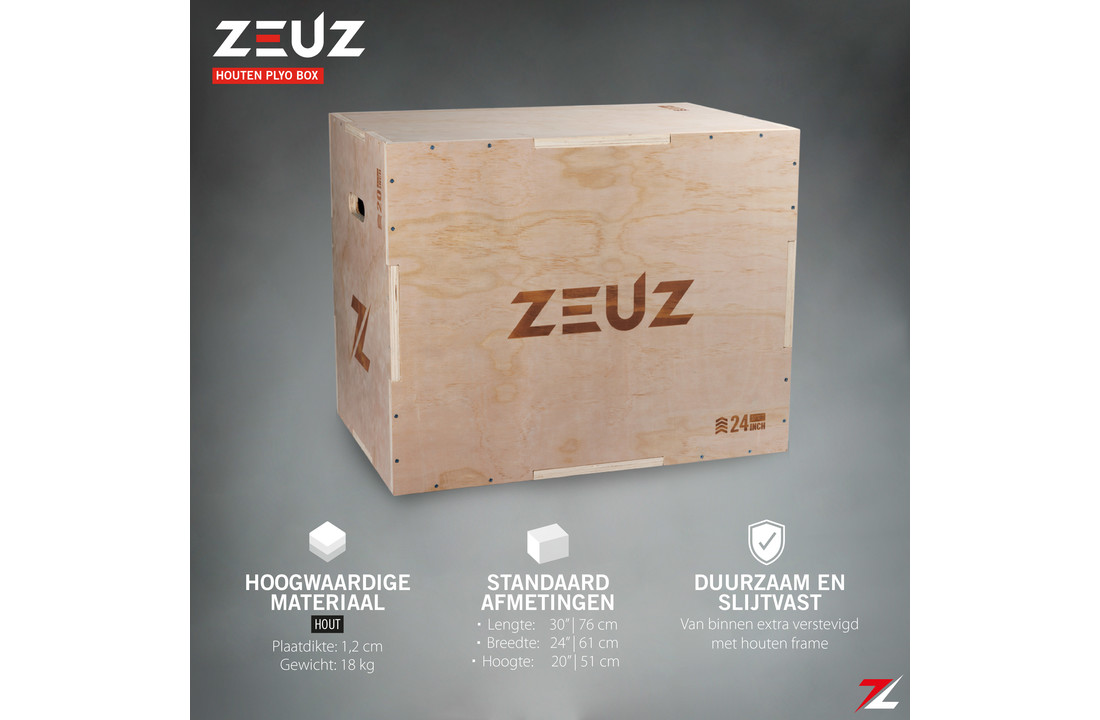 ZEUZ® Houten Plyo Box – Box Jump - voor Fitness & Crossfit – 3 Hoogtes in 51, 61 & 76 CM – 20, 24, 30 Inch