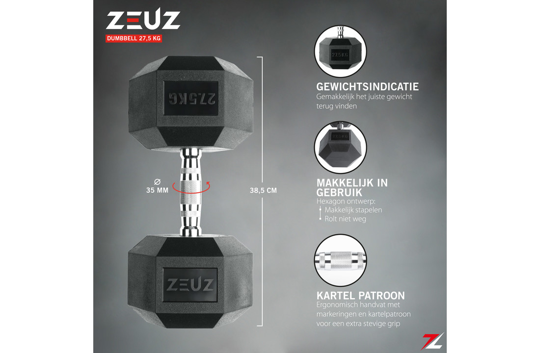 ZEUZ Hexa Dumbbell 1 Stuk 27,5 KG – Hexagon Gewichten
