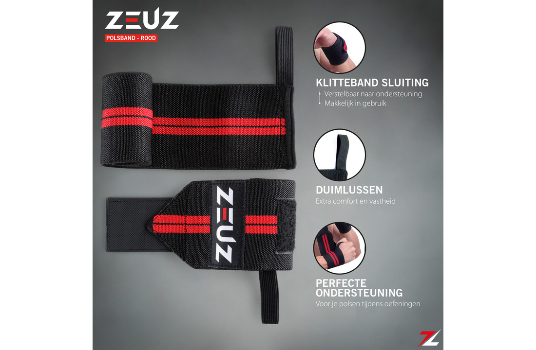 ZEUZ® 2x Fitness & CrossFit Polsband - Wrist wraps – Krachttraining – Polsbrace – Rood & Zwart