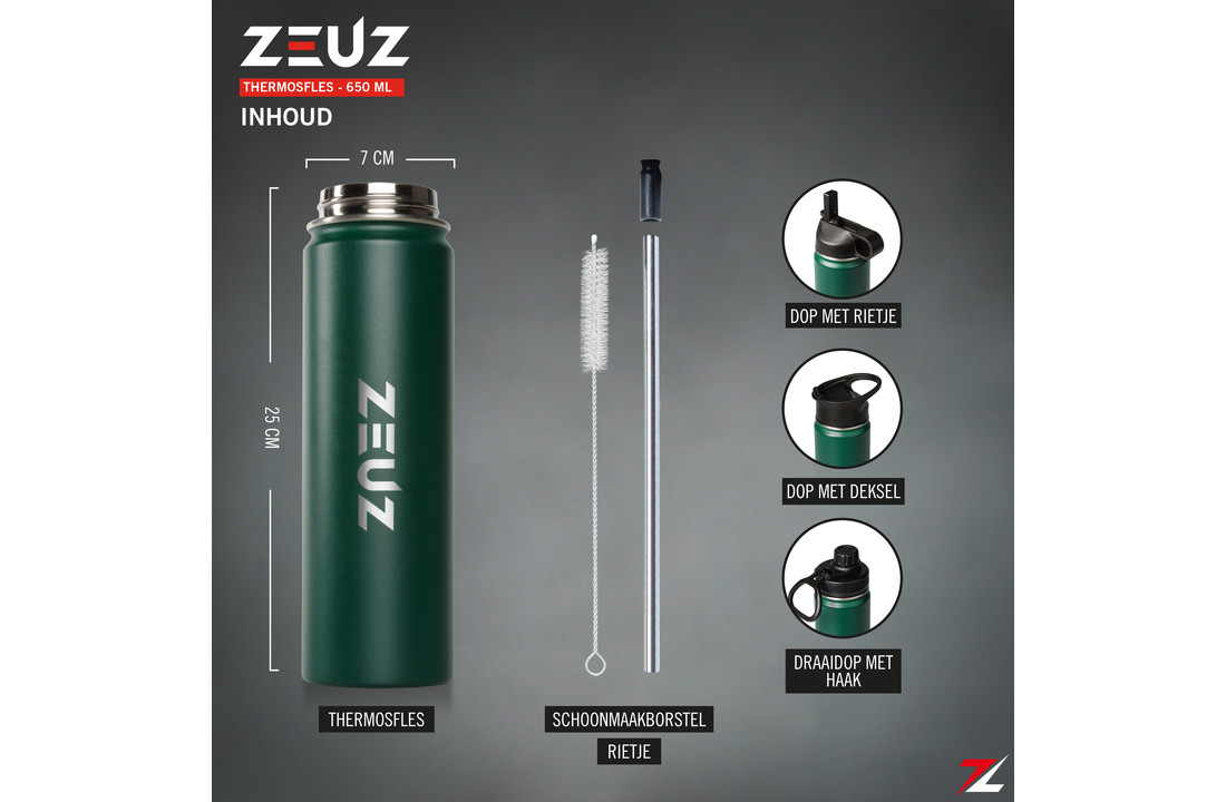 ZEUZ® Premium RVS Thermosfles & Drinkfles– Waterfles met Rietje - BPA Vrij – 700 ml - Mat Groen