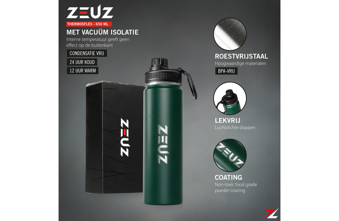 ZEUZ® Premium RVS Thermosfles & Drinkfles– Waterfles met Rietje - BPA Vrij – 700 ml - Mat Groen