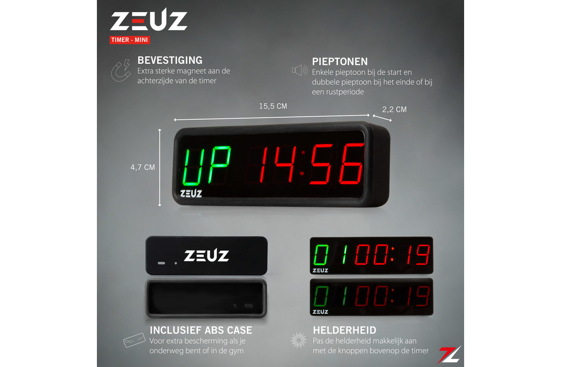 ZEUZ® Mini Crossfit, Fitness & Sport Interval Timer – Stopwatch, Countdown & Aftelklok - Tabata & HIIT Digitale GYM Klok – 15,5 x 2,2 x 4,7 CM