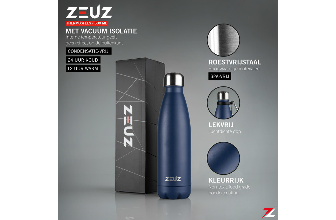Edelsteen Lucky satire ZEUZ® Premium RVS Thermosfles & Drinkfles– Waterfles met Rietje - BPA Vrij  – 500 ml - Mat Blauw - ZEUZ