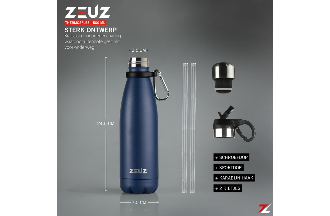 ZEUZ® Premium RVS Thermosfles & Drinkfles – Waterfles met Rietje - BPA Vrij – 500 ml - Donkerblauw