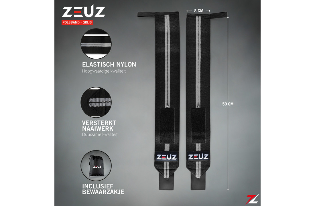 ZEUZ® 2x Fitness & CrossFit Polsband - Wrist wraps – Krachttraining – Polsbrace – Grijs & Zwart