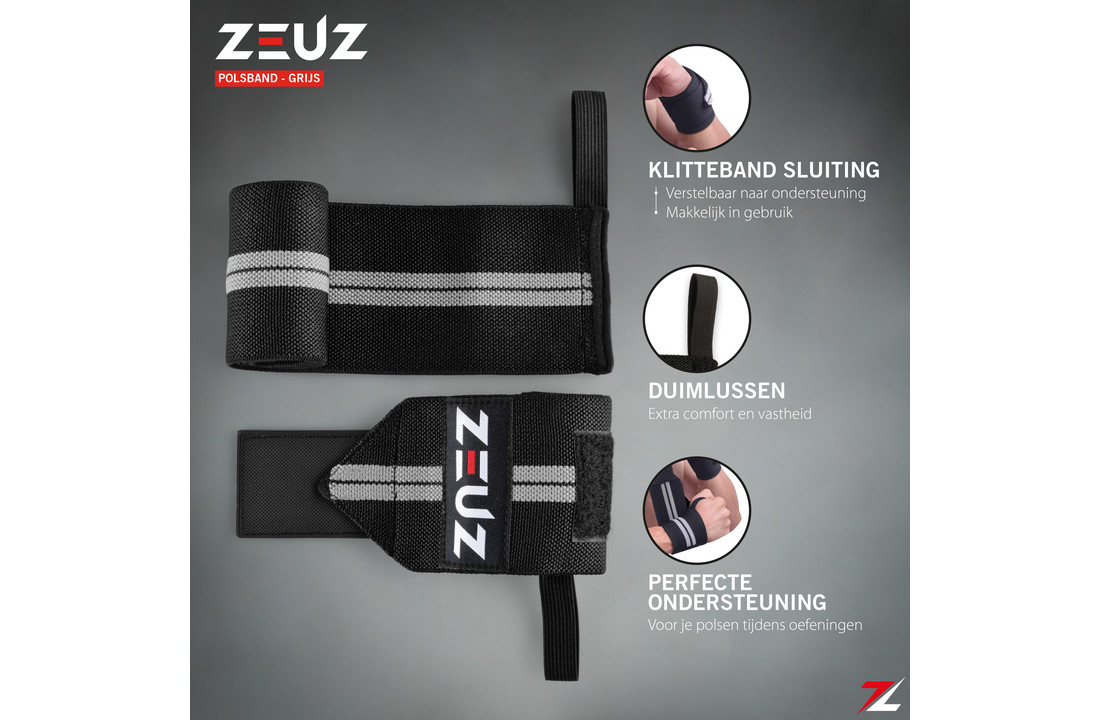 ZEUZ® 2x Fitness & CrossFit Polsband - Wrist wraps – Krachttraining – Polsbrace – Grijs & Zwart