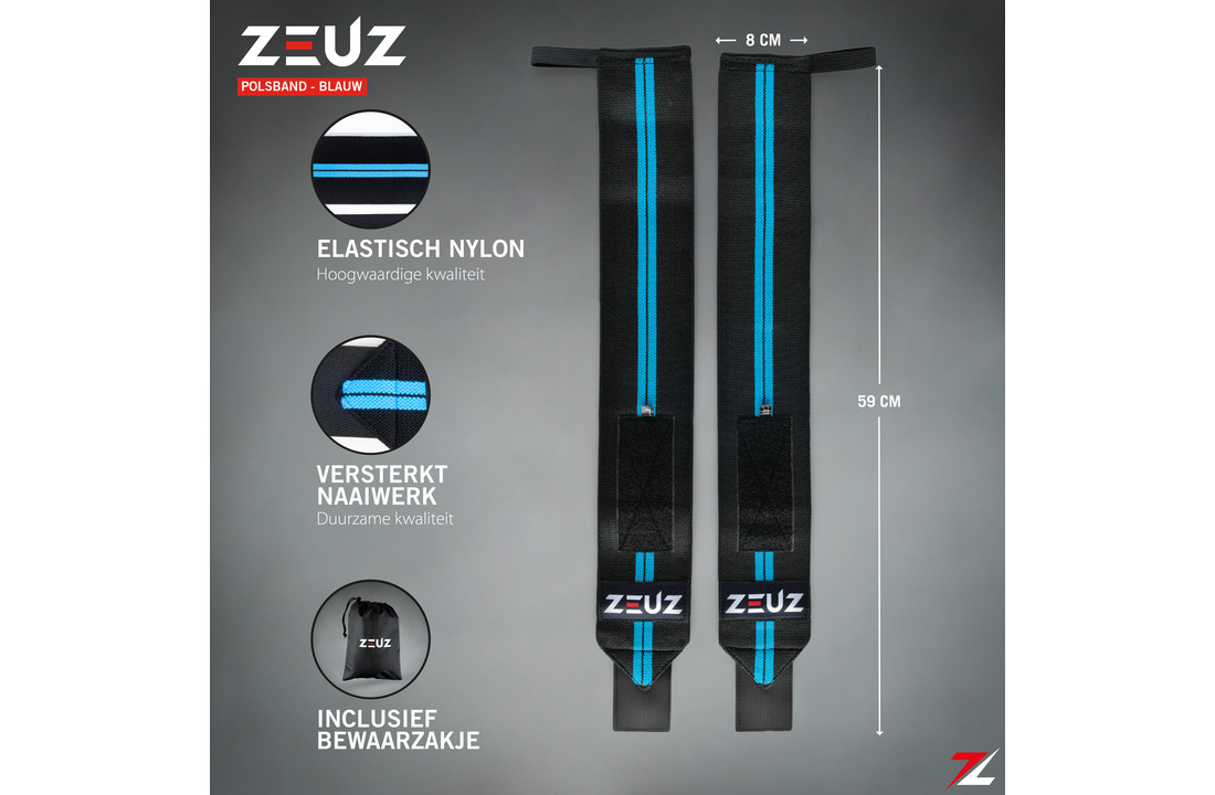 ZEUZ® 2x Fitness & CrossFit Polsband - Wrist wraps – Krachttraining – Polsbrace – Blauw & Zwart