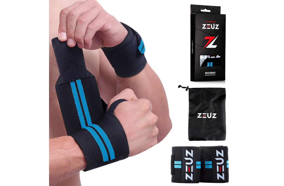 ZEUZ® 2x Fitness & CrossFit Polsband - Wrist wraps – Krachttraining – Polsbrace – Blauw & Zwart