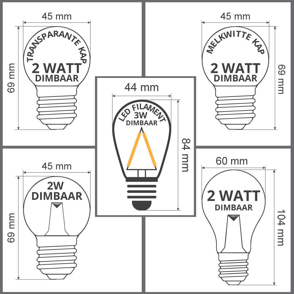 Vergelijking noedels warmte Dimbare LED lampen, warm wit in 2 watt & 3 watt - LumenXL.nl