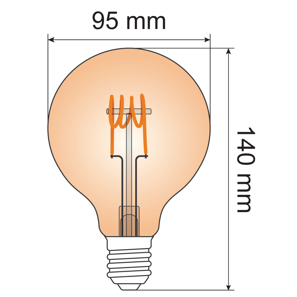 5W horizontale spiraal lamp XL, 1800K, amber glas Ø95 - dimbaar