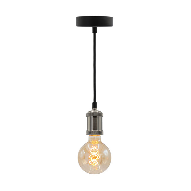 Moderne zilveren snoerpendel incl. 5W XL lamp, amber glas, 1800K, Ø95